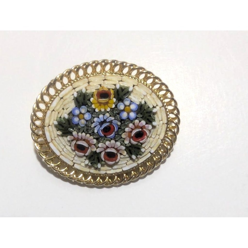 Vintage Micro Mosaic Floral Oval Brooch Pin 60$